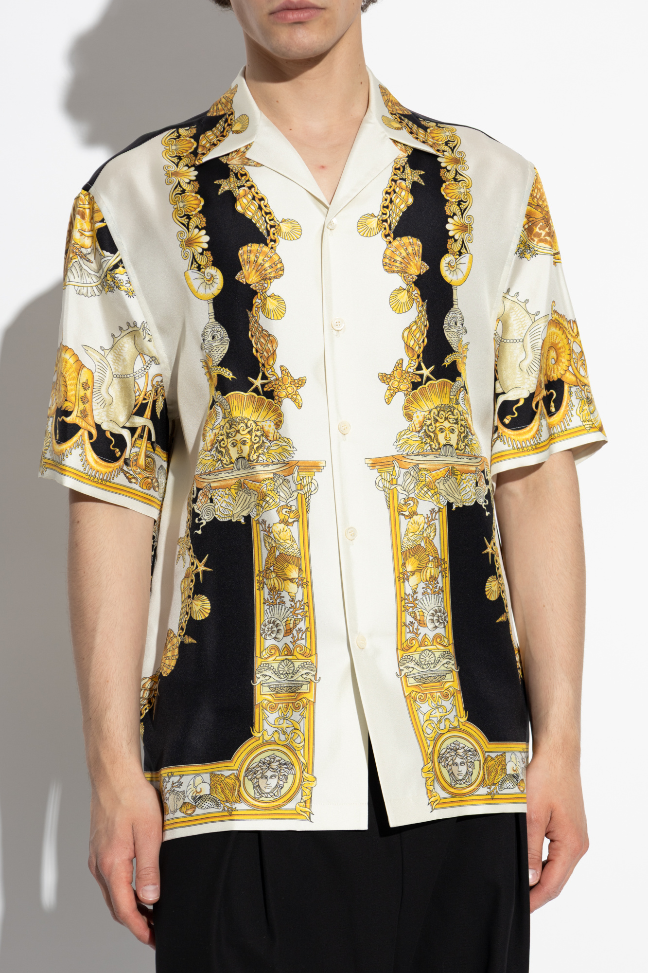 ワンピース Versace Printed crepe shirt dress Underwater Barocco Flared Mini Shirt Dress Blue,White